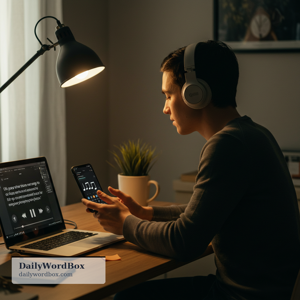 listen to music: to pay attention to songs or instrumental sounds for enjoyment or focus