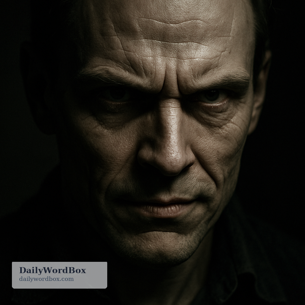 malevolent: Showing or suggesting harmful, hostile intention (often about a look, smile, or presence).