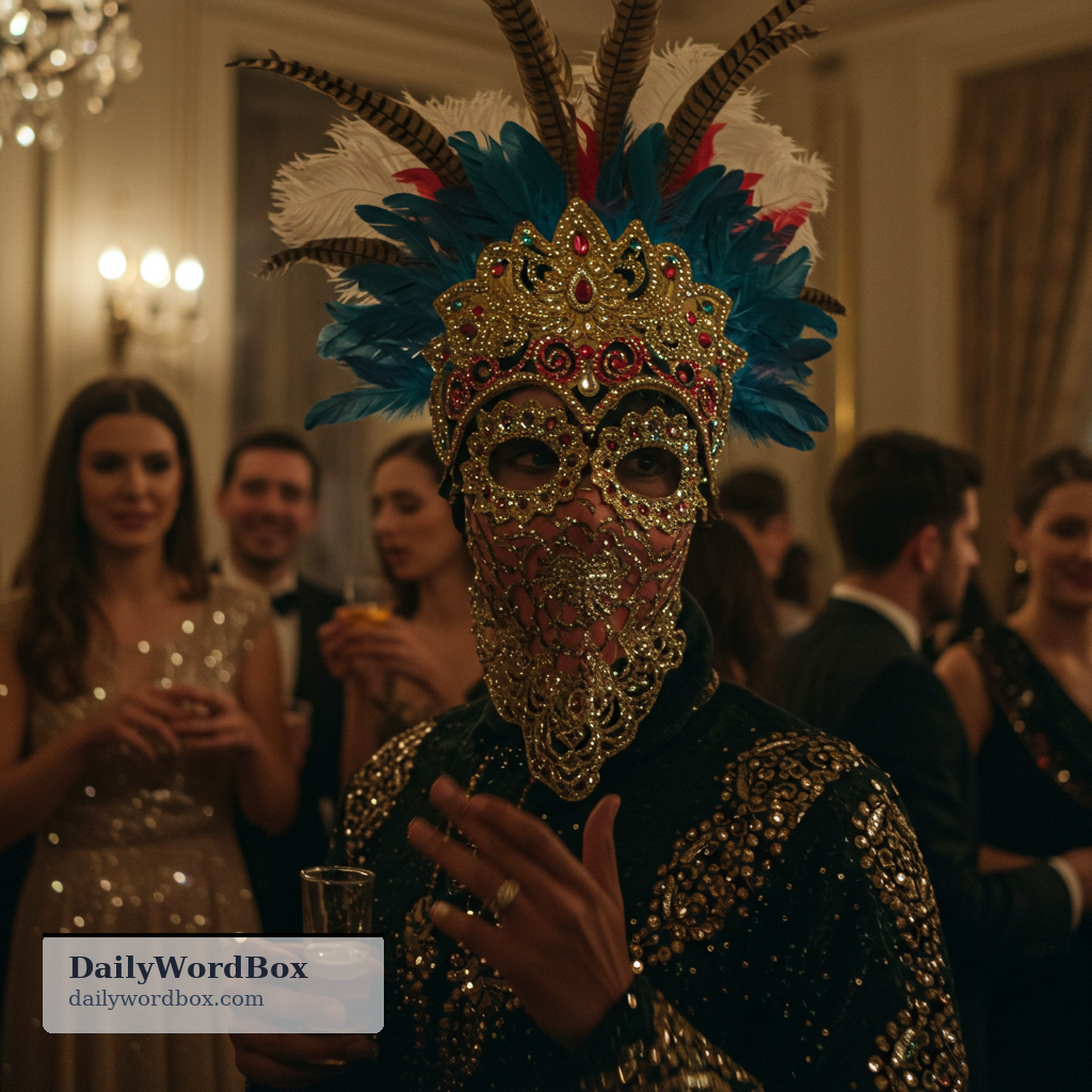 mask: A covering worn over the face to hide identity or as part of a costume.