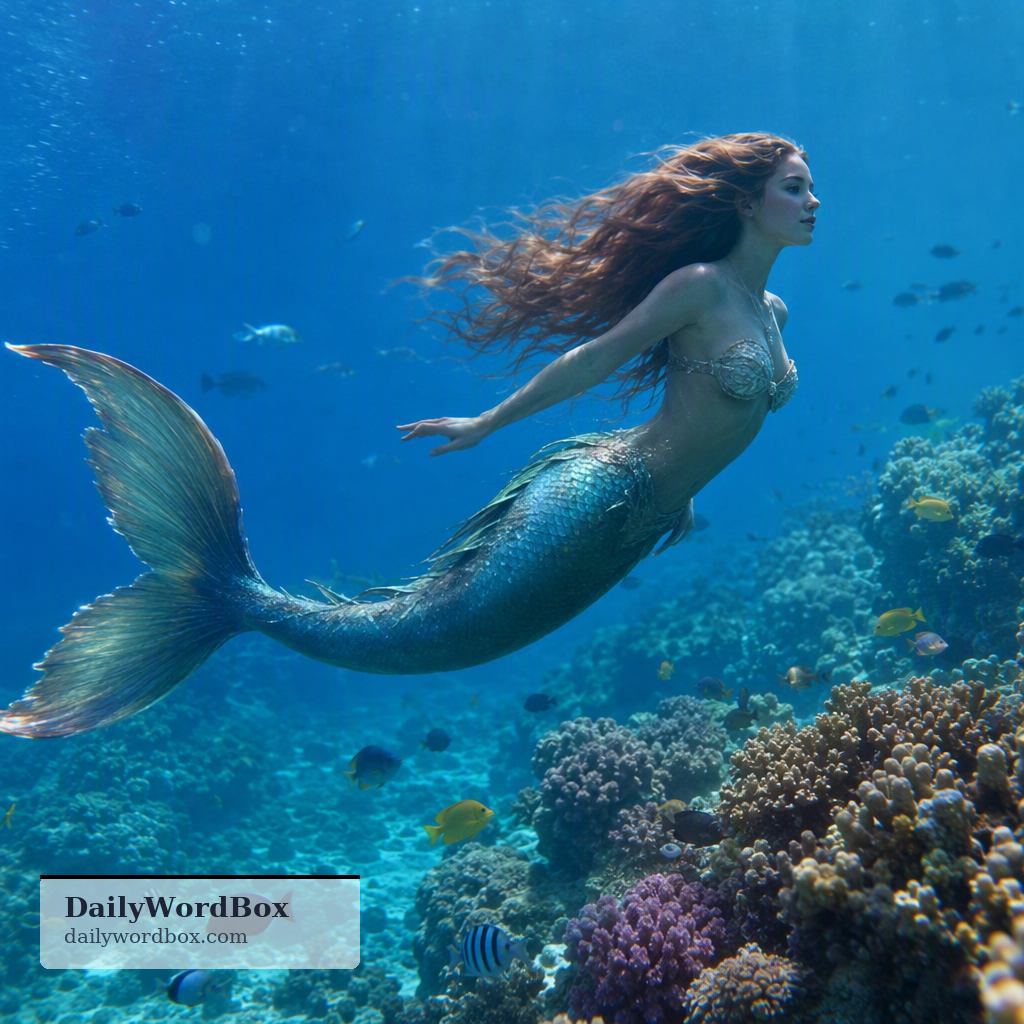 mermaid: A mythical aquatic creature with the head and upper body of a woman and the tail of a fish.