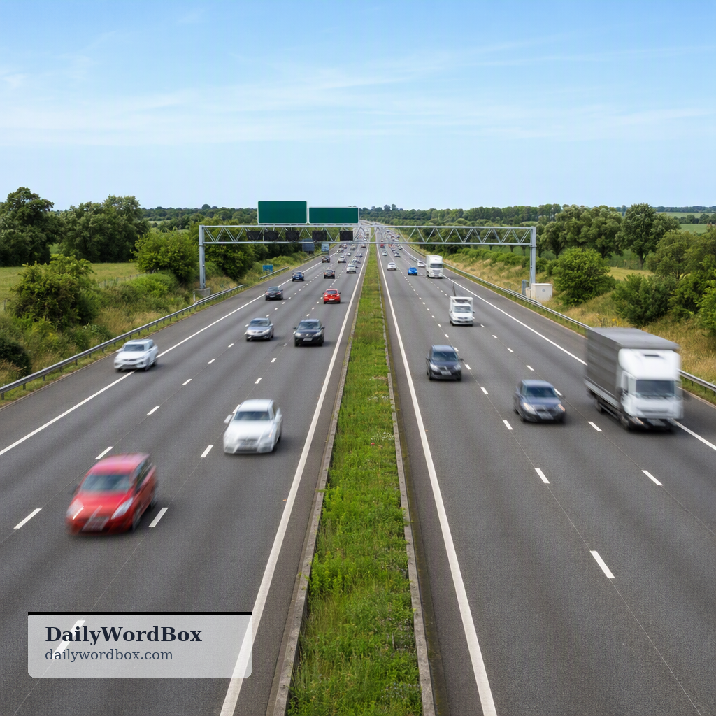 motorway: A motorway is a major road designed for fast-moving traffic, typically with multiple lanes and restricted access.