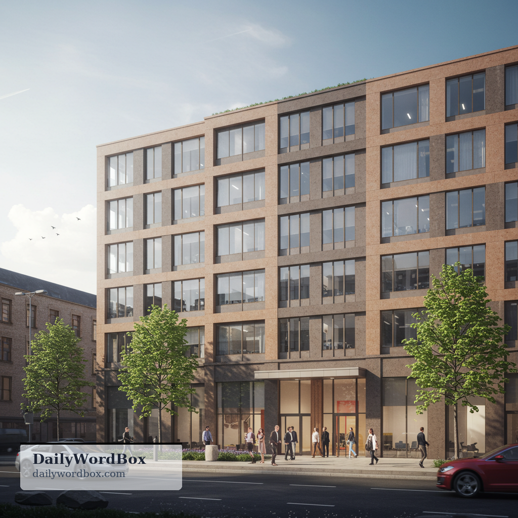 office building: a building that is mainly used for offices where people work