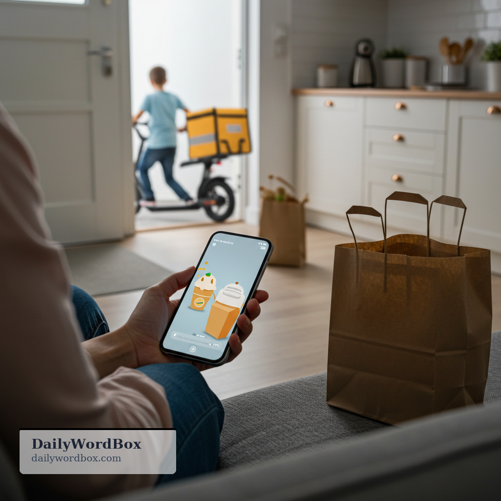 order food: to ask for food from a restaurant or service, usually to eat at home or have delivered
