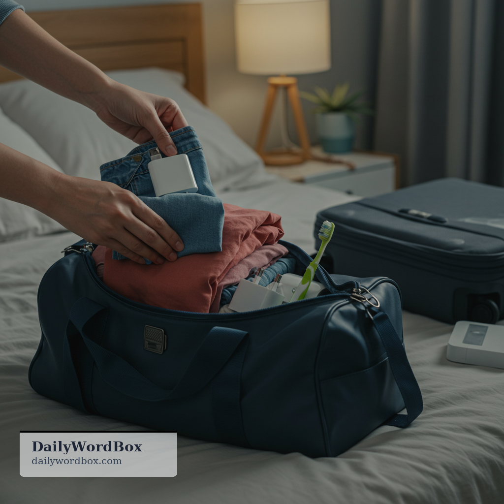 pack a bag: to put clothes and other items into a bag for a trip or an overnight stay