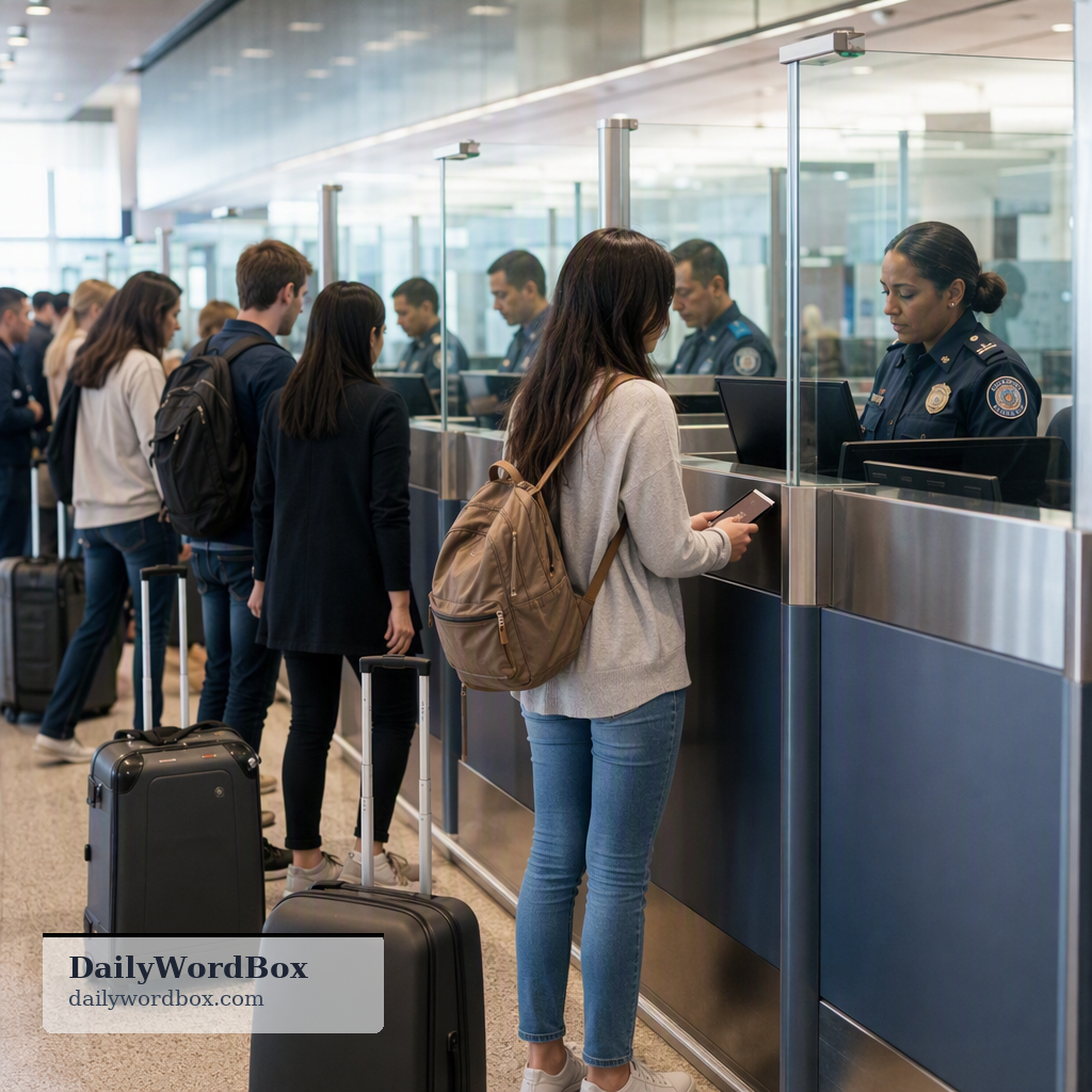 passport control: The area in an airport, port, or border where officials check your passport and other travel documents bef…