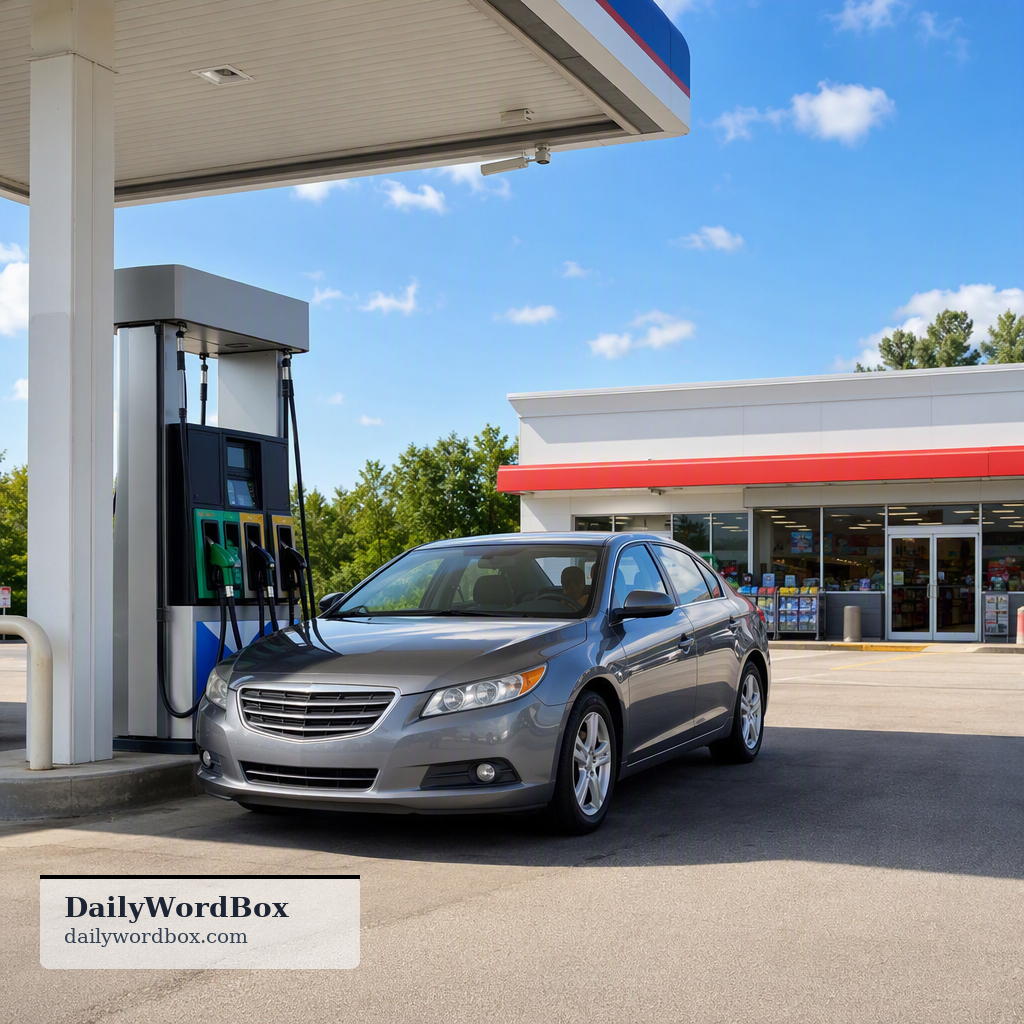 petrol station: A place where you can buy petrol (gasoline) for your car, and often other items like snacks or drinks.