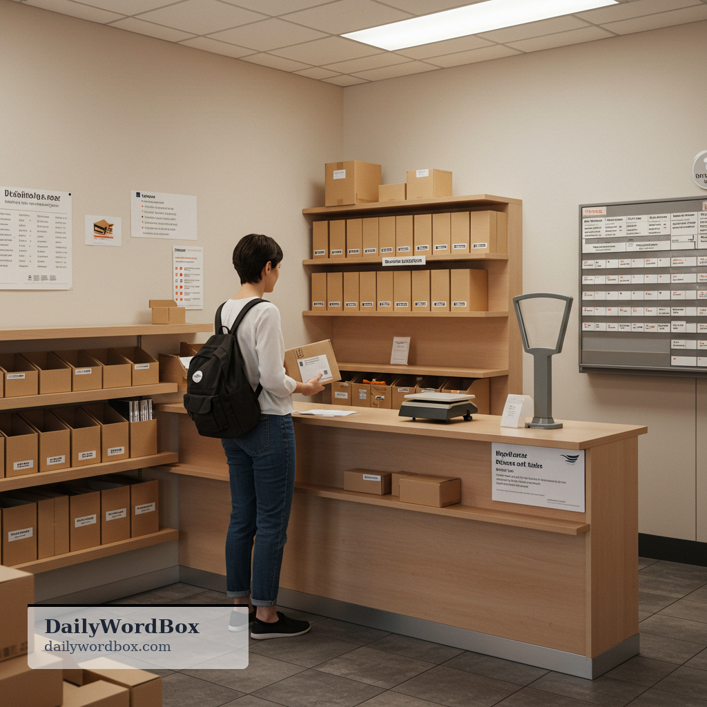 post office: a public place where you can send mail and packages, buy stamps, and use other postal services