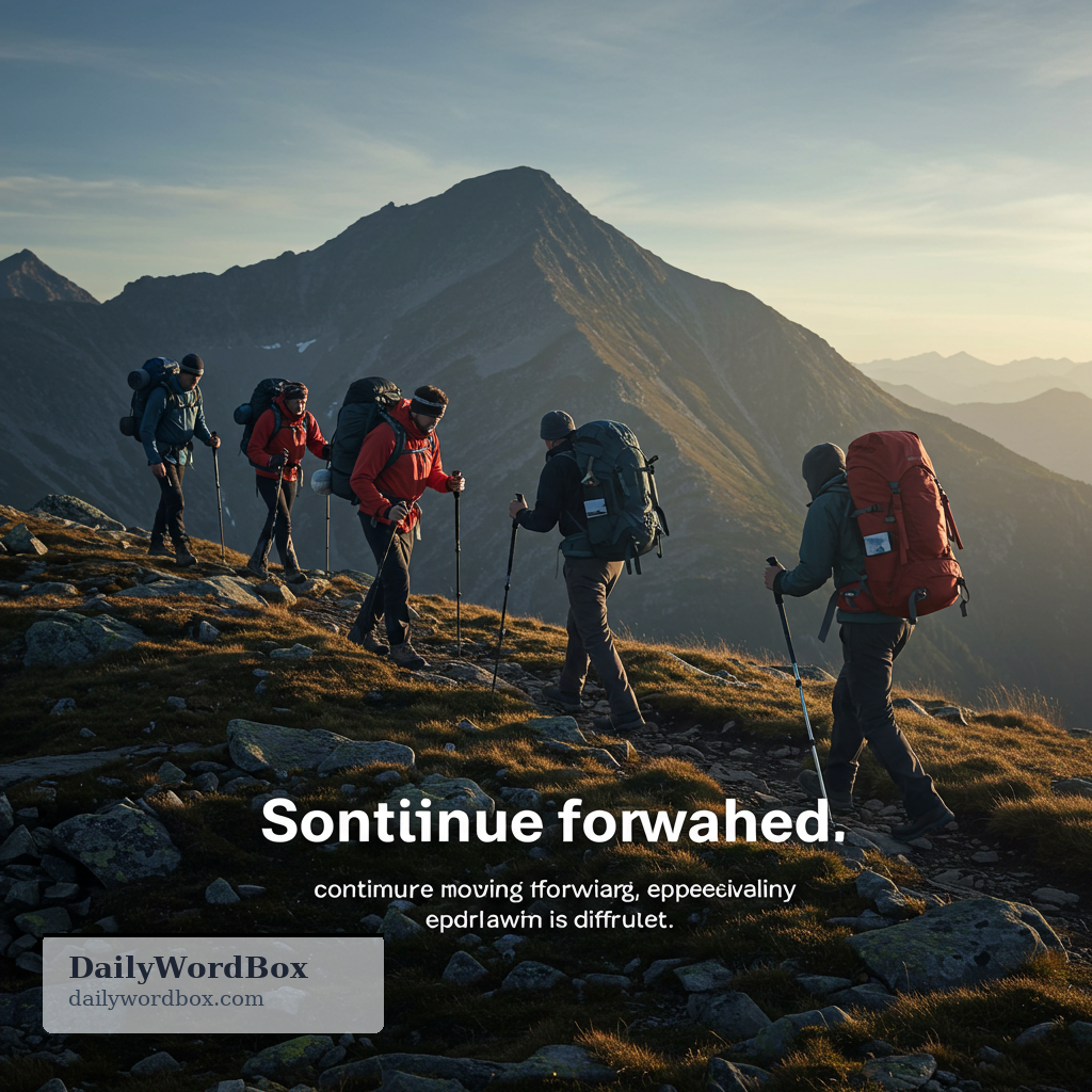 push on: to continue moving forward or traveling, especially when it is difficult