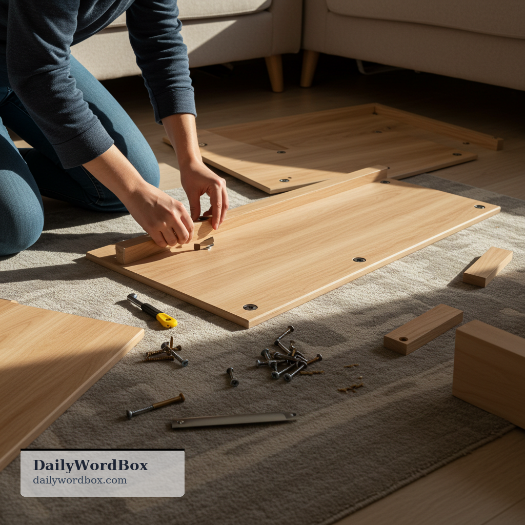 put together: To assemble something by joining parts or pieces.