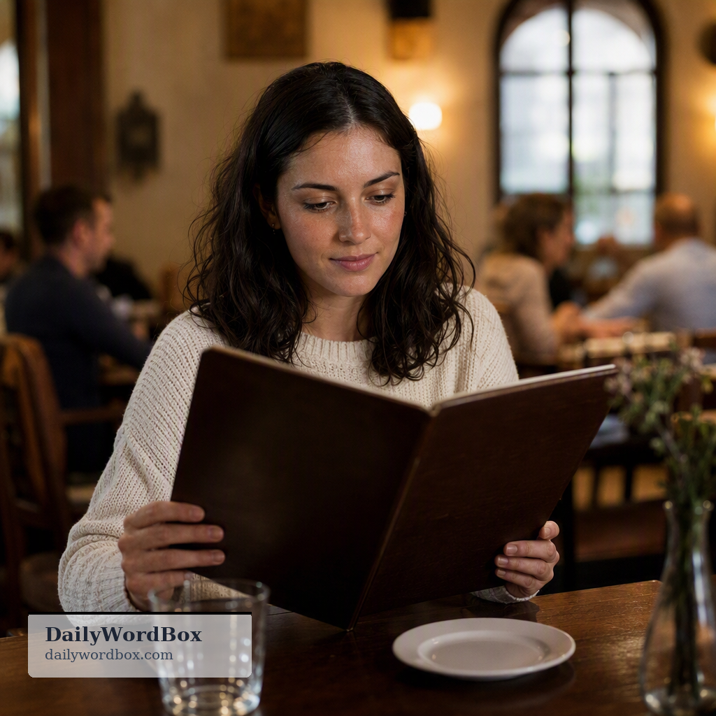 restaurant menu: A list of food and drink items, usually with prices, available for customers to order in a restaurant.