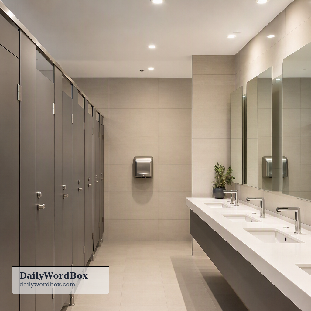 restroom: A public room with toilets and sinks, especially in a store, restaurant, or other public building.