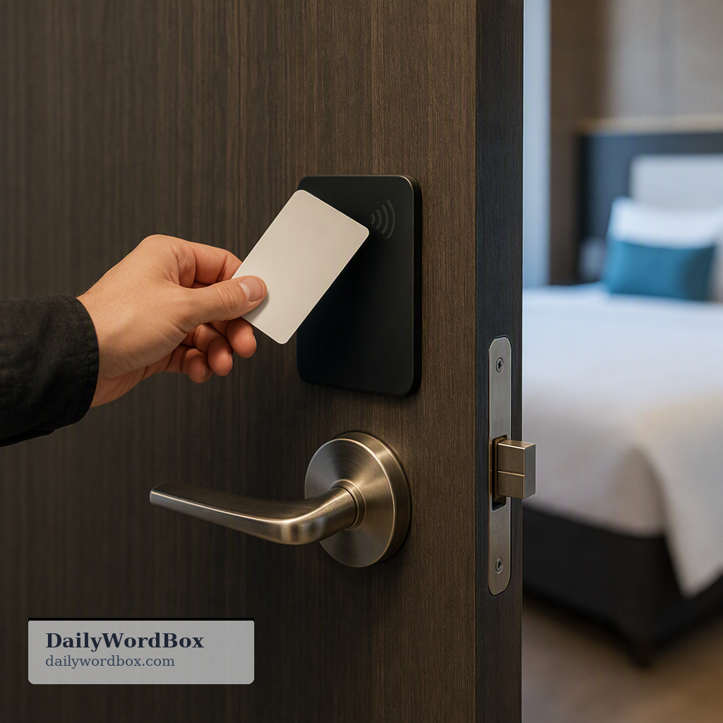 room key: A card or small object that allows you to open and lock the door of a hotel room or other temporary lodging.