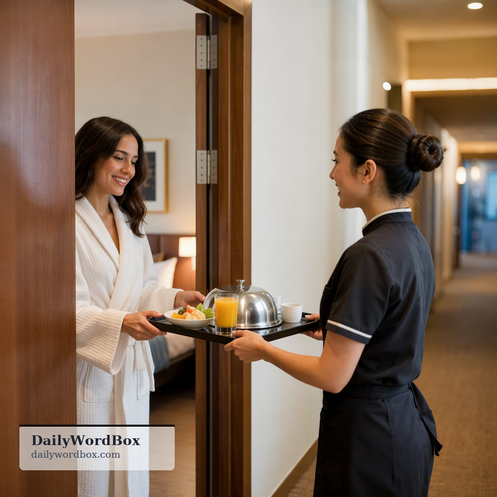 room service: A service provided by a hotel that allows guests to order food and drinks to be delivered to their rooms.