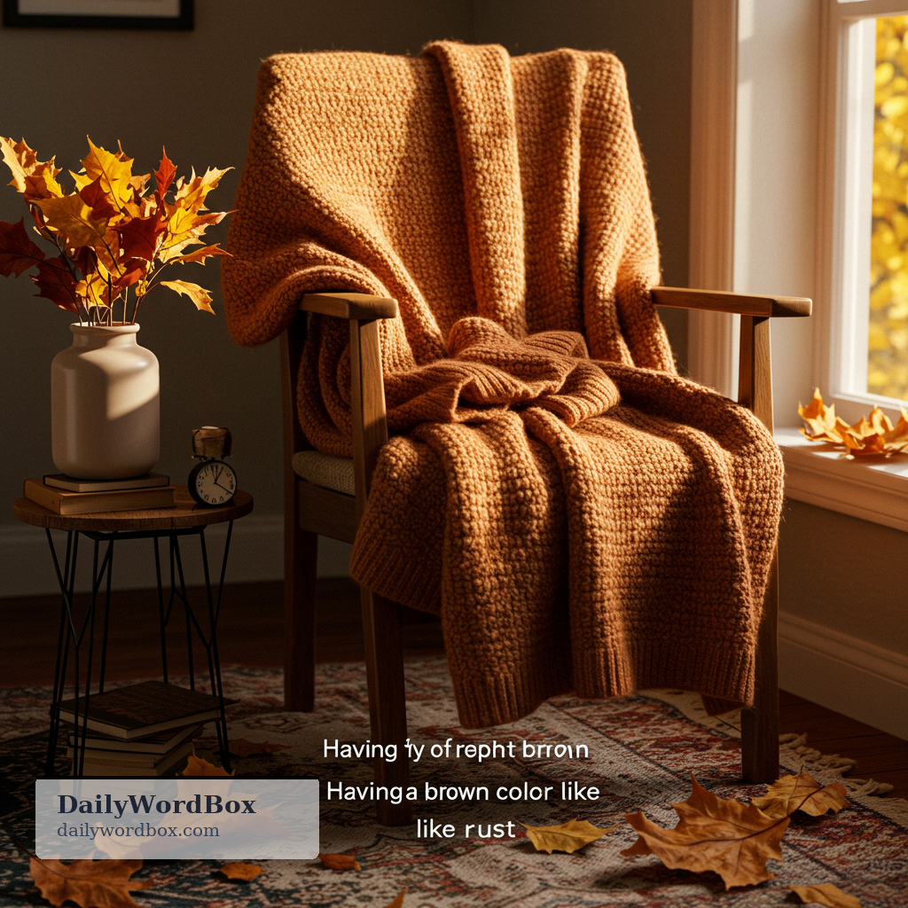 rusty: Having a reddish-brown color like rust.