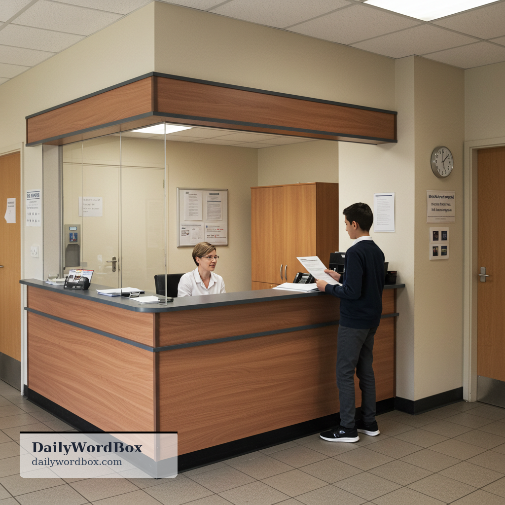 school office: the administrative office in a school where staff handle attendance, records, messages, and student support