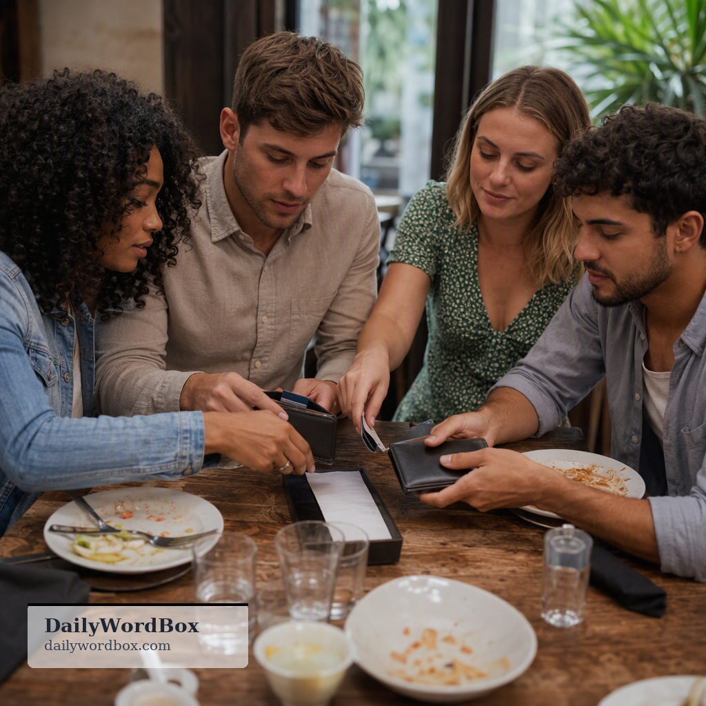 split the bill: To divide the total cost of something, especially a meal or shared expense, among multiple people.