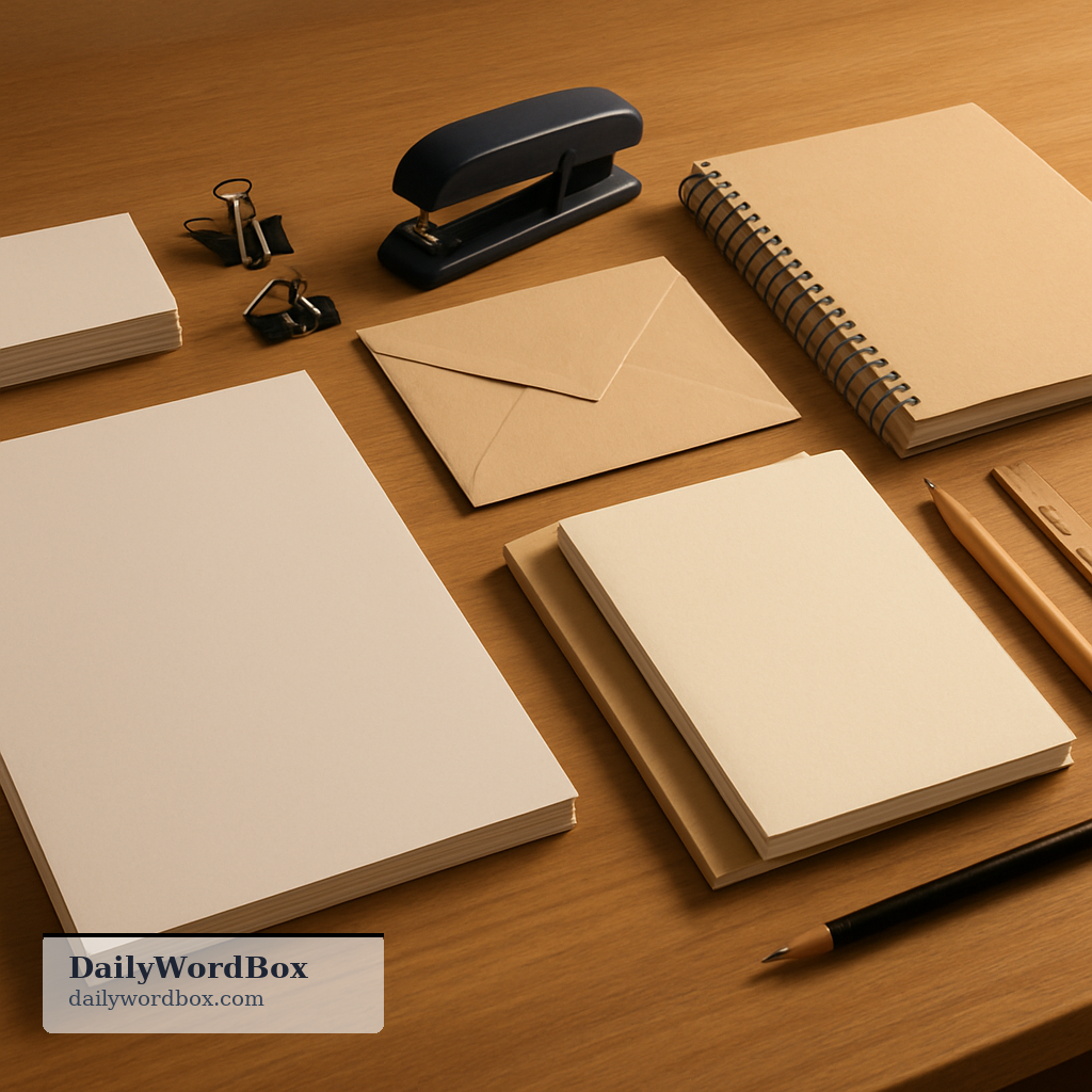 stationery: paper and materials for writing letters, notes, or office documents (e.g., paper, envelopes, cards)
