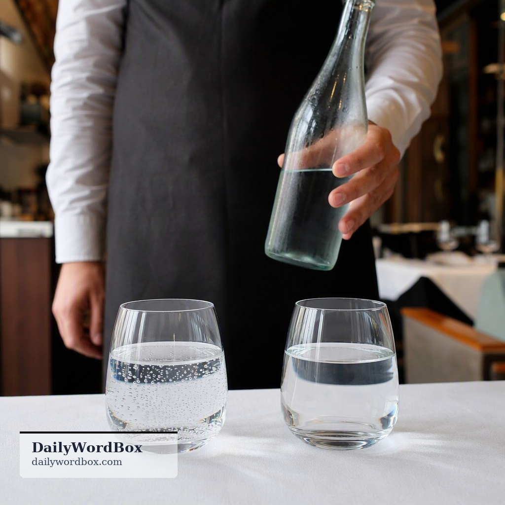 still or sparkling water: Refers to a choice between two common types of bottled water: 'still water' (non-carbonated, plain…