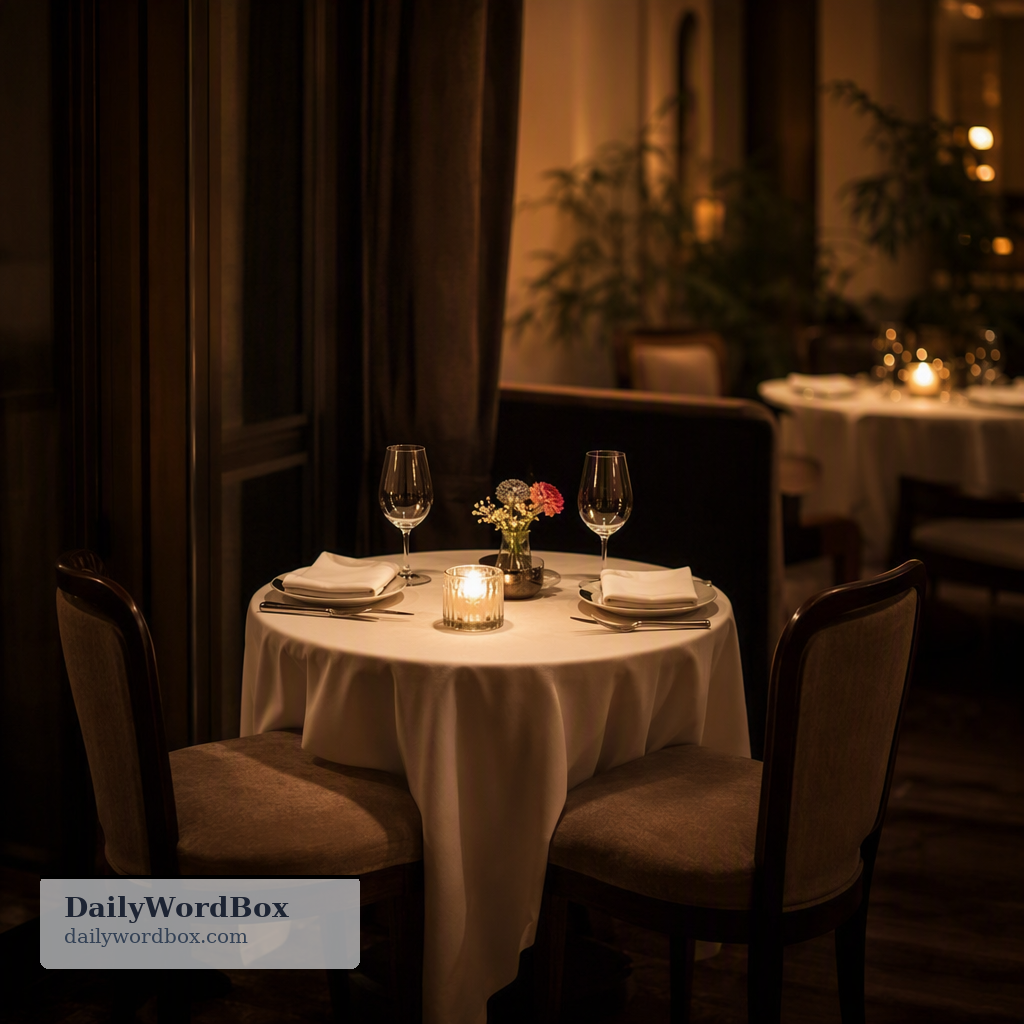 table for two: A small dining table, typically in a restaurant, specifically set up or requested for two people.