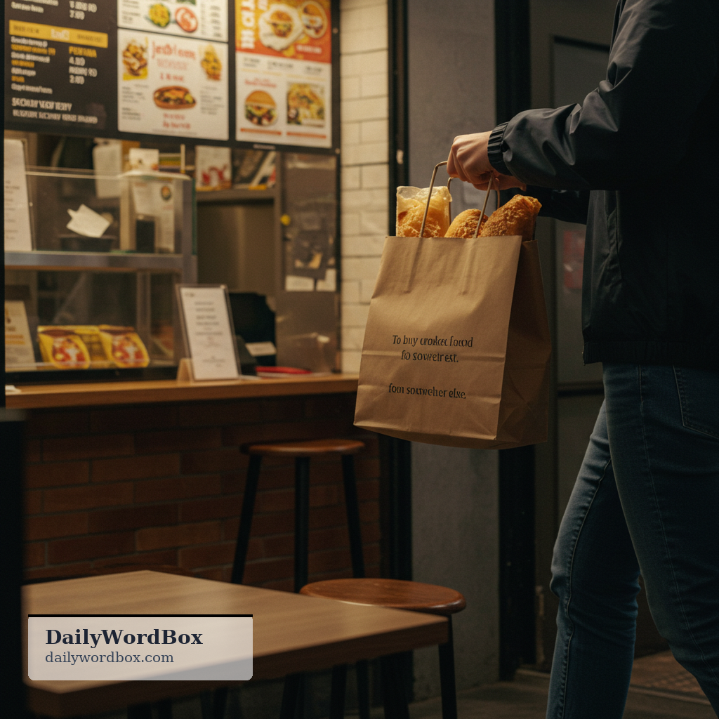 take away: To buy cooked food to eat somewhere else.