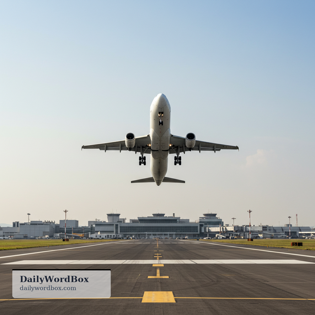 take off: To leave the ground and begin to fly (used for planes, birds, or rockets).