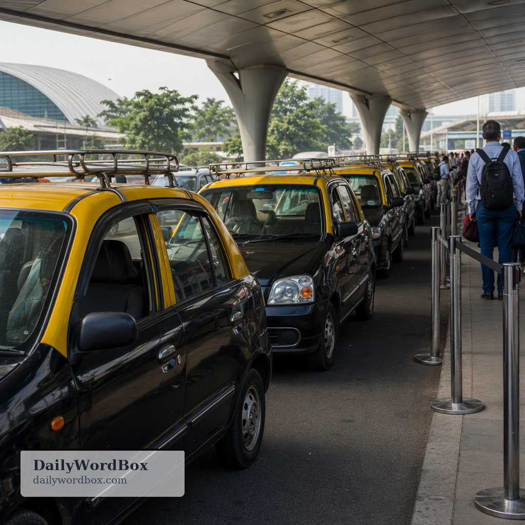 taxi rank: A designated place where taxis wait in a line for passengers.