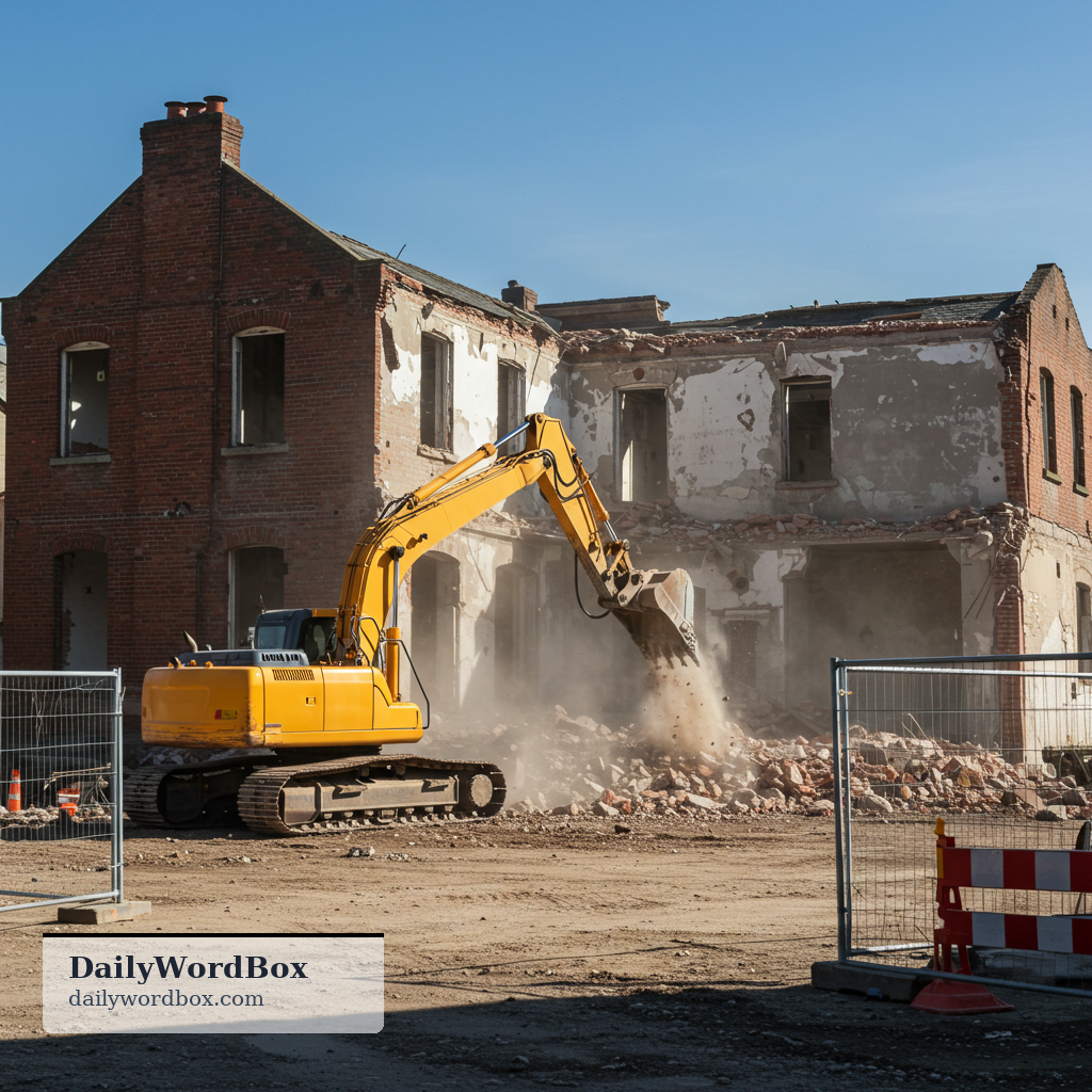 tear down: To demolish a building or destroy a structure.