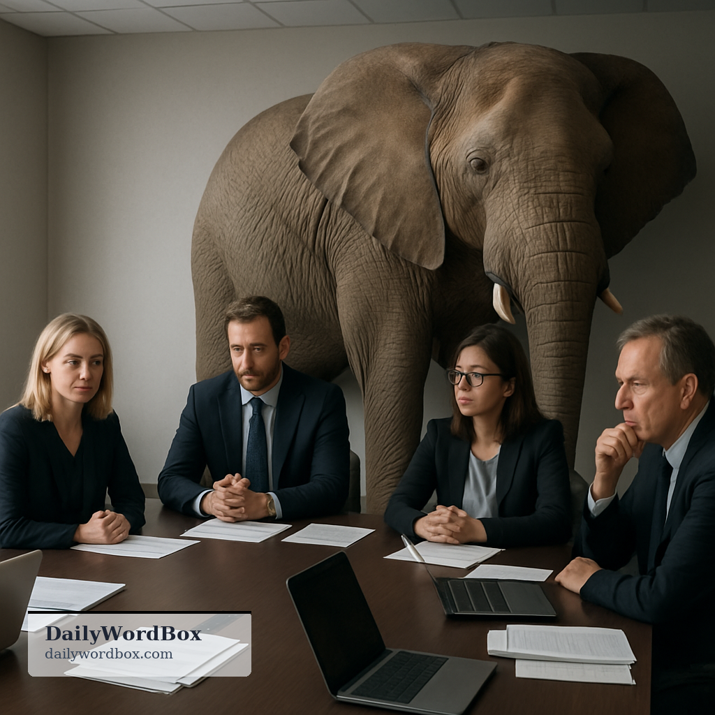the elephant in the room: A very obvious problem or sensitive topic that people avoid mentioning.
