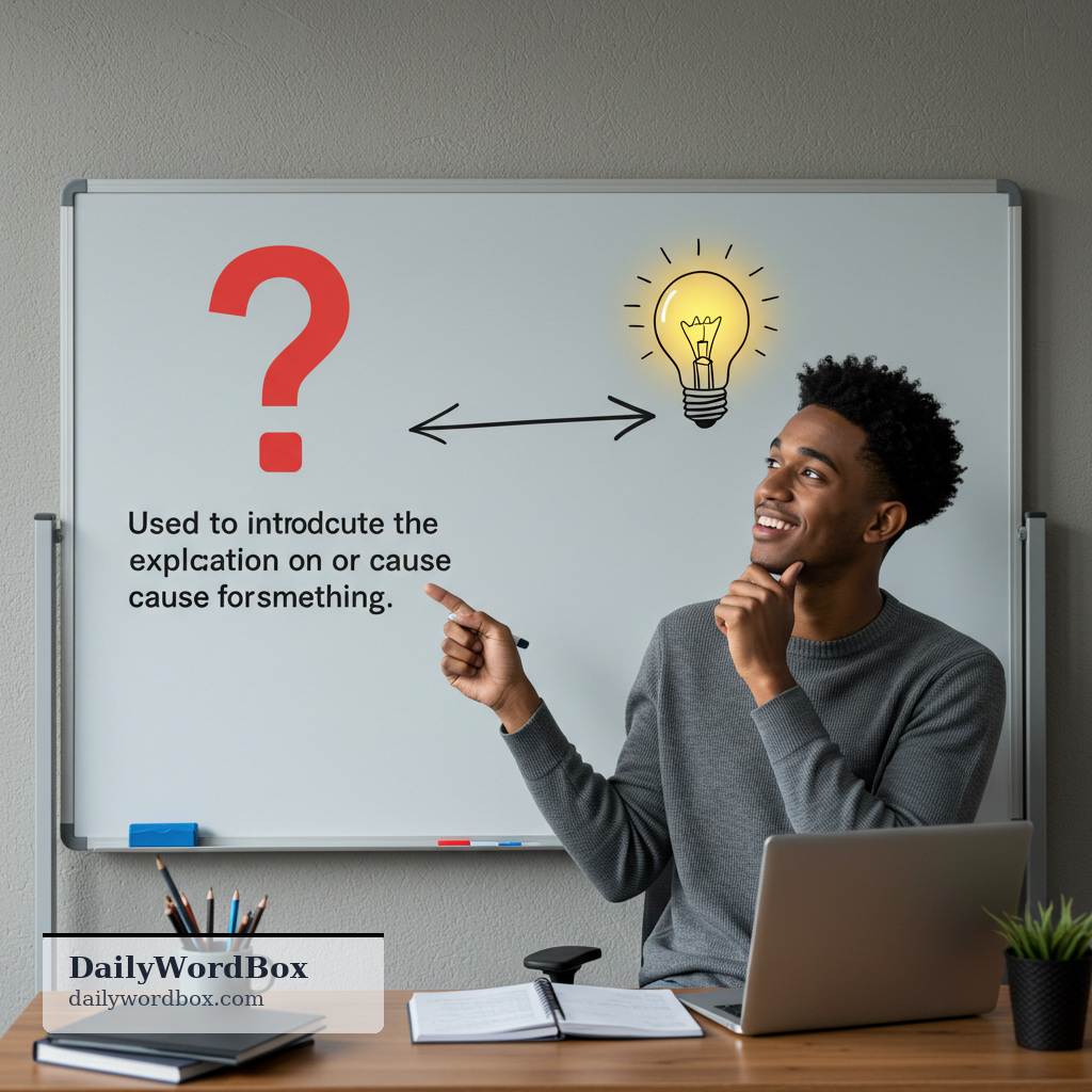 The reason is: Used to introduce the explanation or cause for something previously stated or implied.