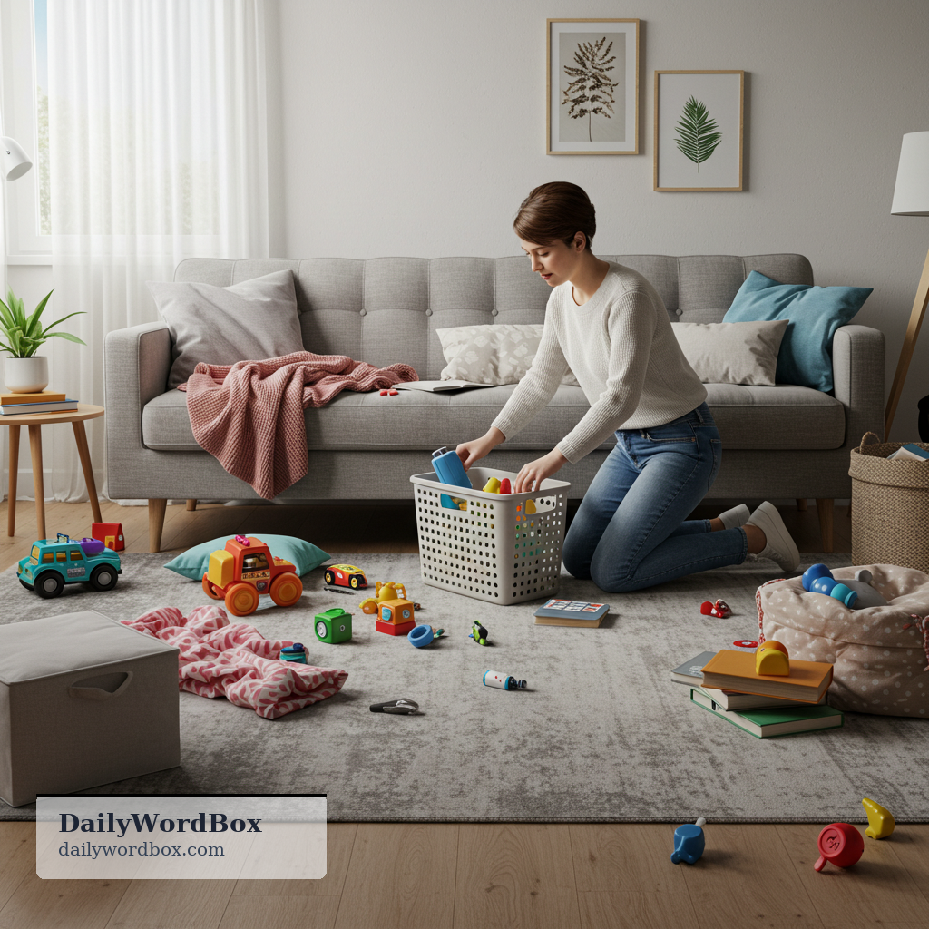 tidy up: To make a room or area neat by putting things away and organizing.
