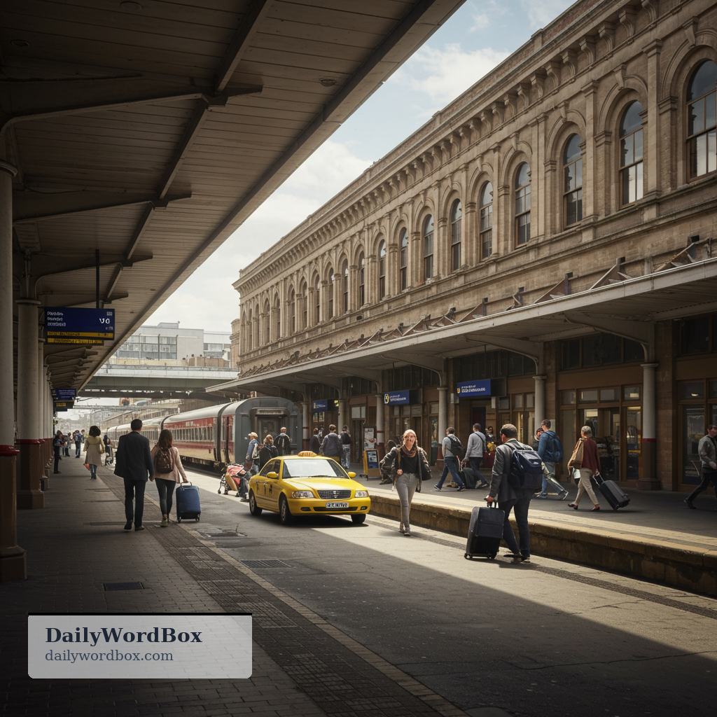 train station: a place where trains stop so passengers can get on or off