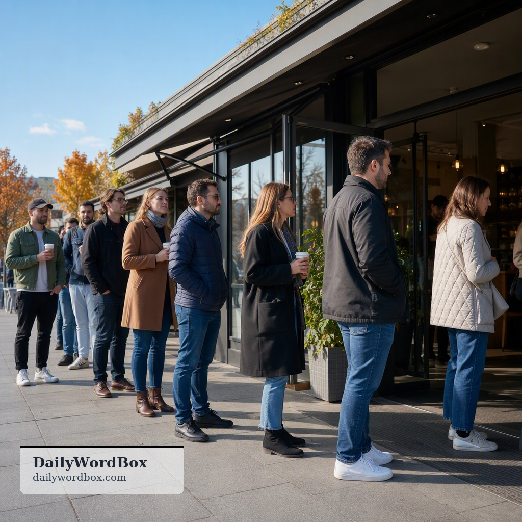 wait in line: to stand in a queue, usually for a service or product, while expecting to be served or to pass through